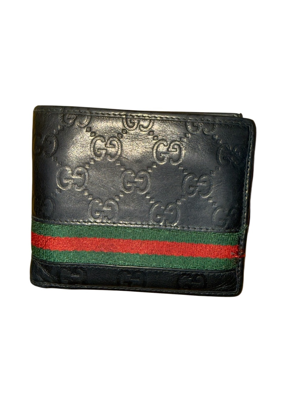 Authentic Vintage Gucci GG Embossed Leather Bi-Fold Wallet Black Web Stripe